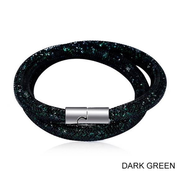 Green Double Mesh Crystal Wrap Bangle Bracelet - Picture 2 of 8